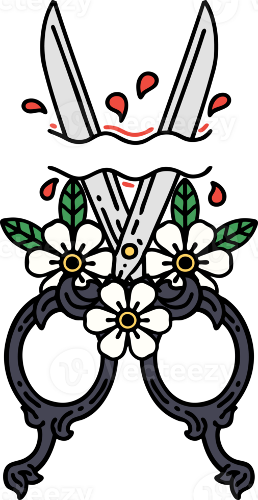 tattoo in traditional style of barber scissors and flowers png