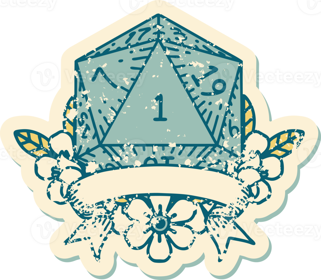 Retro Tattoo Style natural one d20 dice roll png