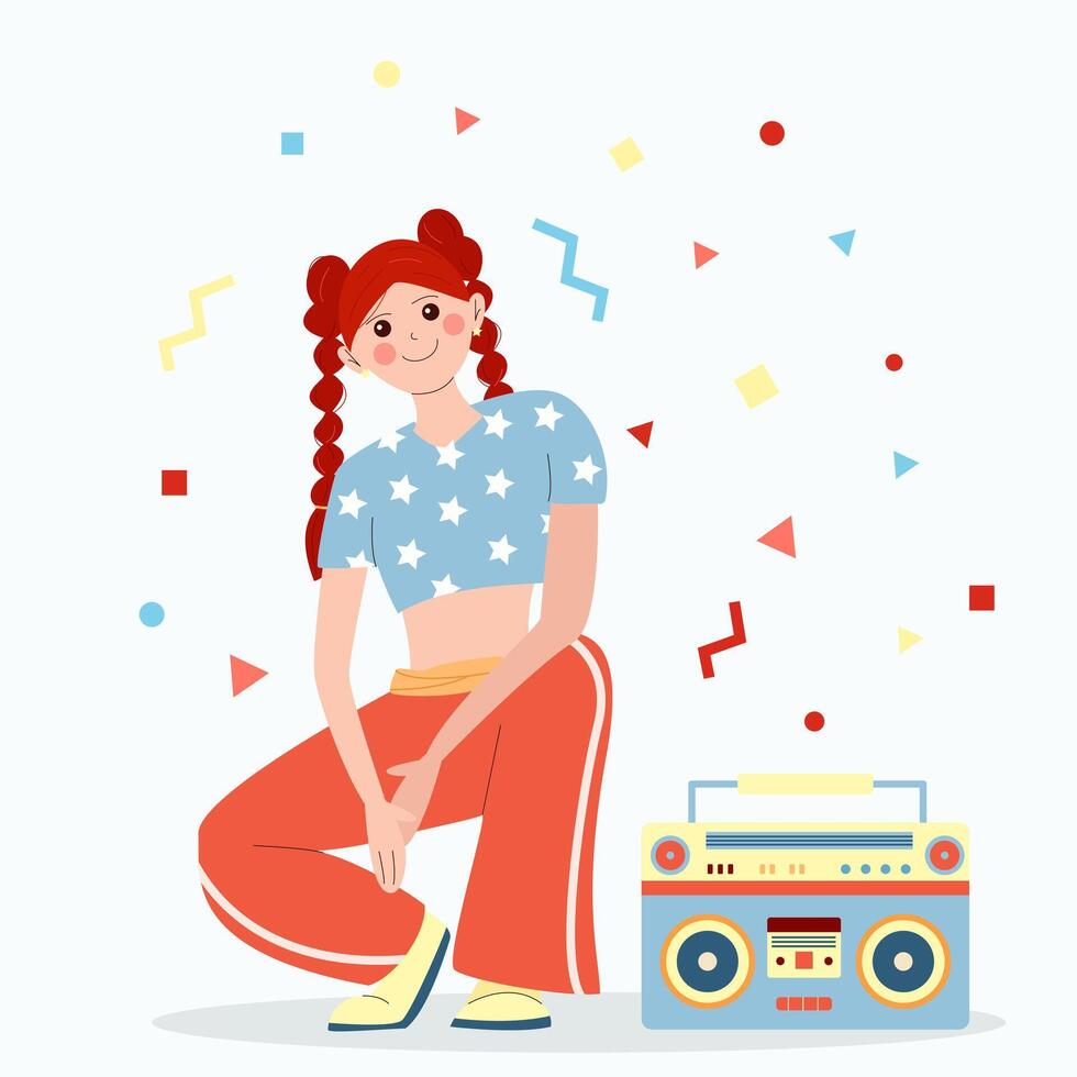 y2k character, 90s, girl with tape recorder, elements background, illustration vector