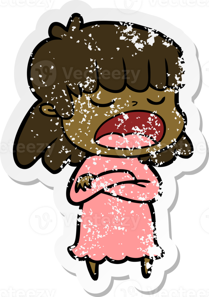 distressed sticker of a cartoon woman talking loudly png