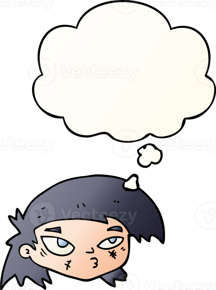 cartoon scratched up face with thought bubble in smooth gradient style png