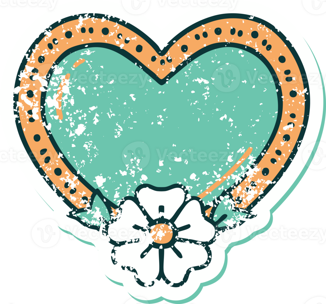 iconic distressed sticker tattoo style image of a heart and flower png