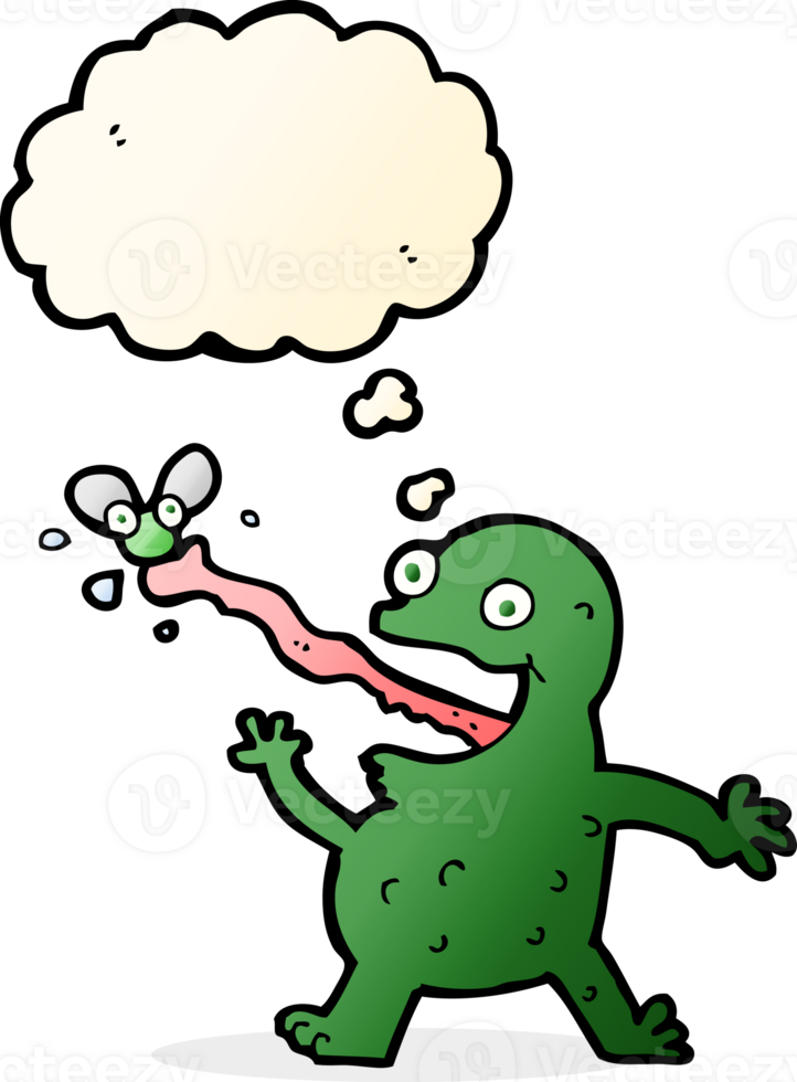 cartoon frog catching fly with thought bubble png