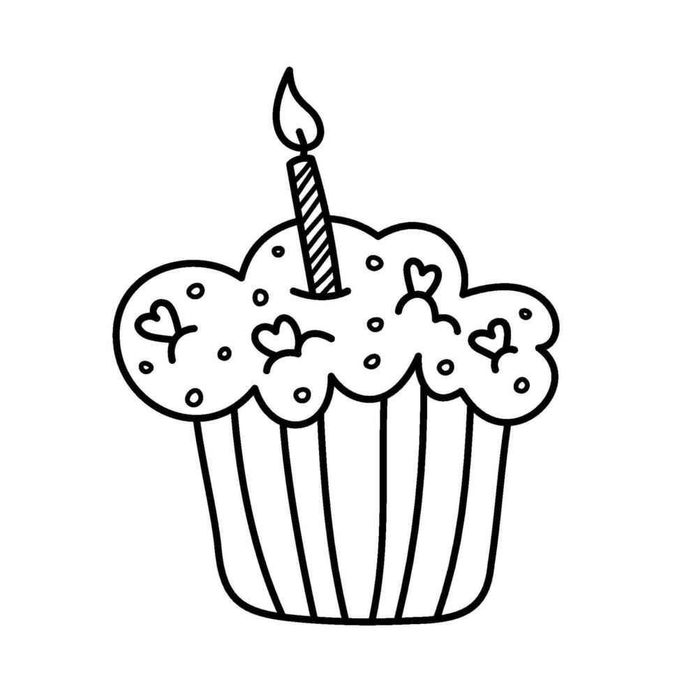 Doodle Hand drawn cupcake with candle. Simple outline illustration isolated on a white background. Editable stroke birthday celebration element vector