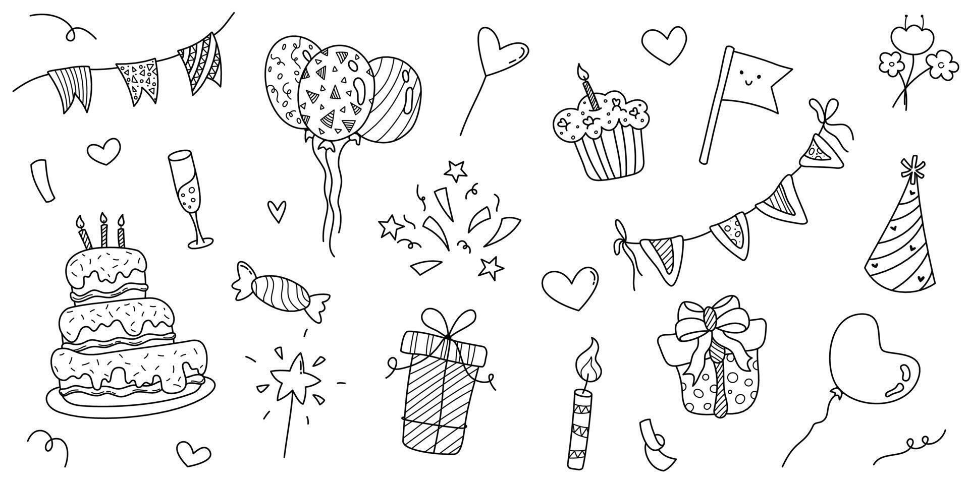Hand drawn doodle Happy Birthday set. Outline symbols of Party. Cake, gift boxes, party hat, garlands, balloons. Isolated elements on white background vector