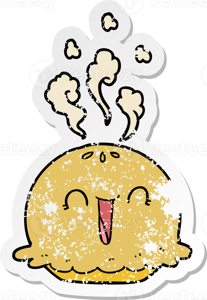 distressed sticker of a cartoon happy pie png