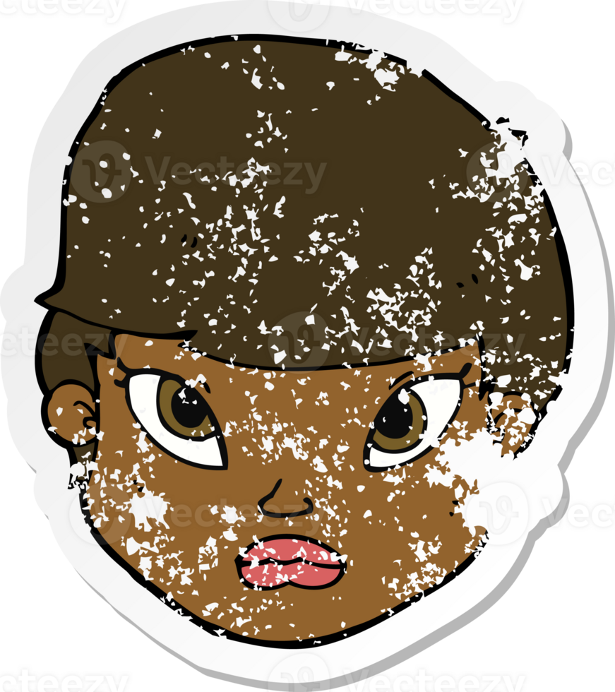 retro distressed sticker of a cartoon serious face png