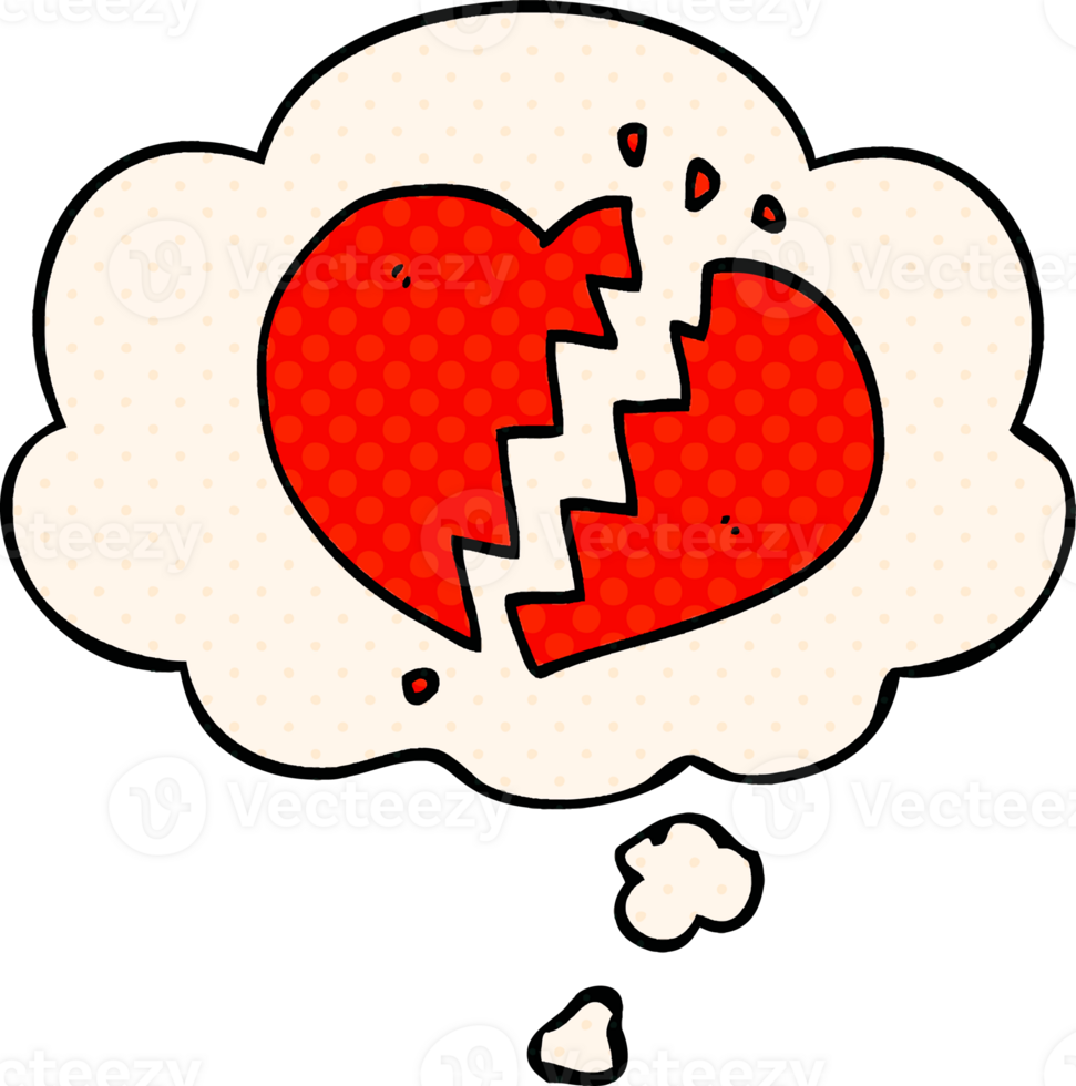 cartoon broken heart with thought bubble in comic book style png