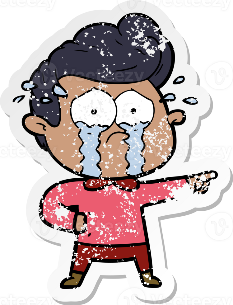 distressed sticker of a cartoon crying man png