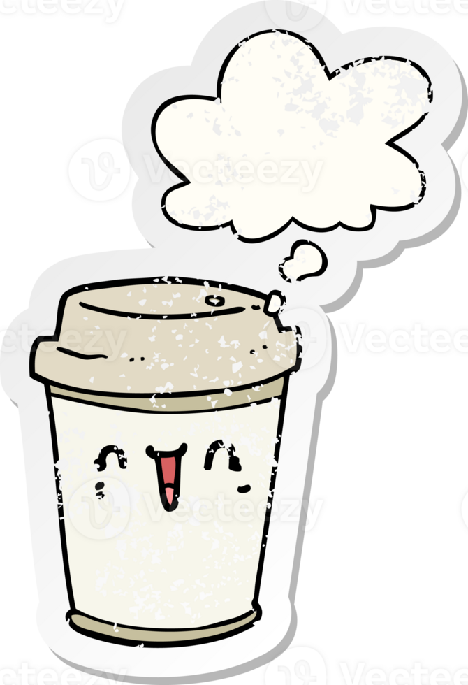 cartoon take out coffee with thought bubble as a distressed worn sticker png