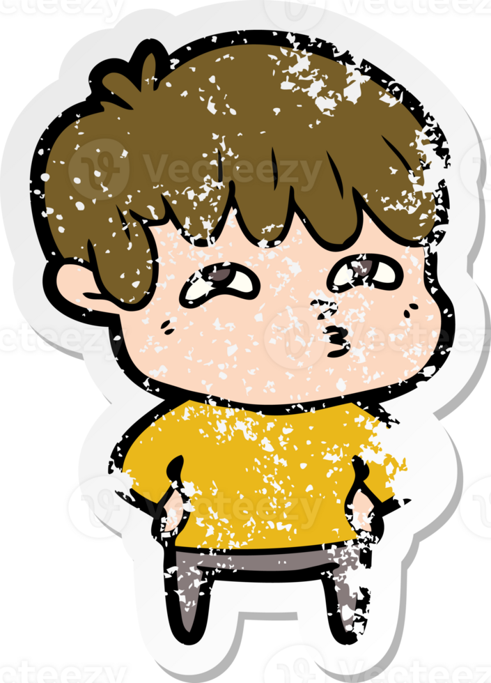 distressed sticker of a cartoon curious man png