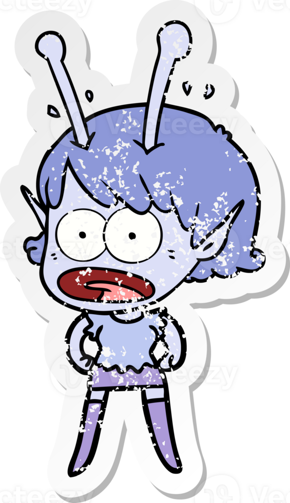 distressed sticker of a cartoon shocked alien girl png