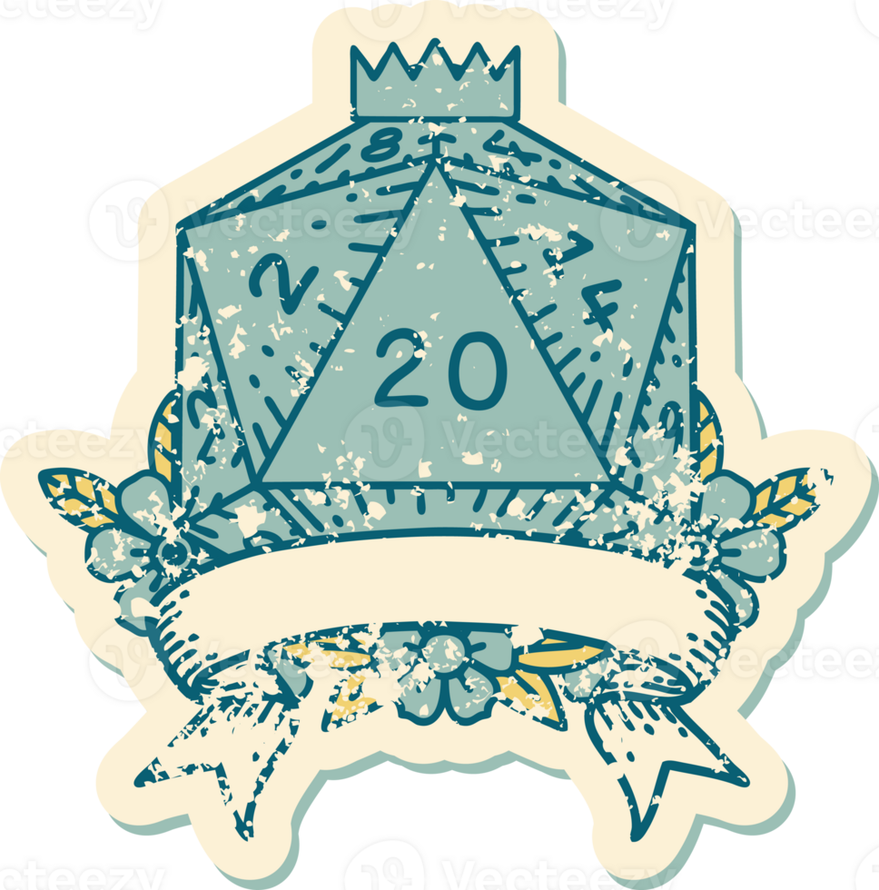 Retro Tattoo Style natural 20 critical hit D20 dice roll png