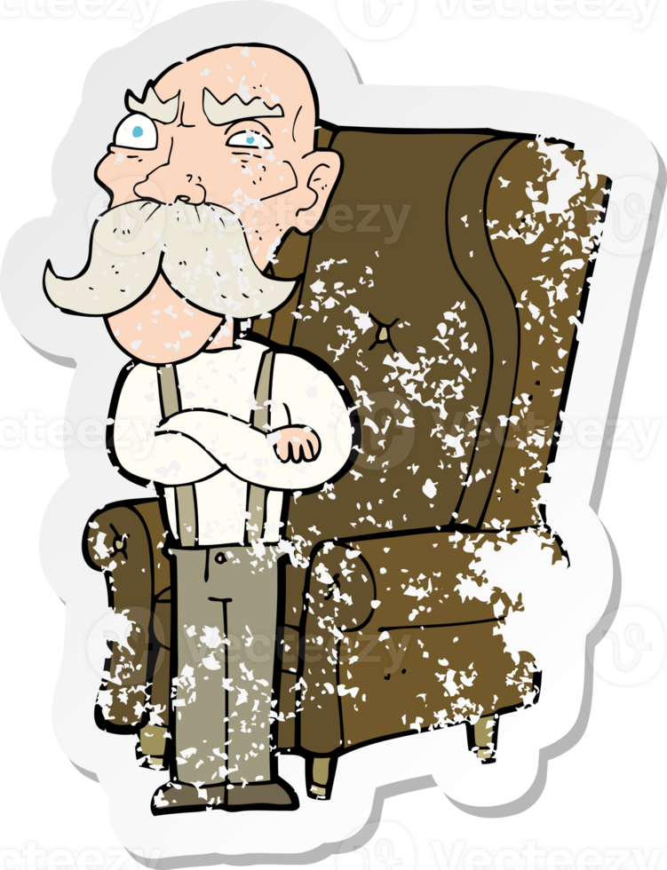 retro distressed sticker of a cartoon old man and chair png