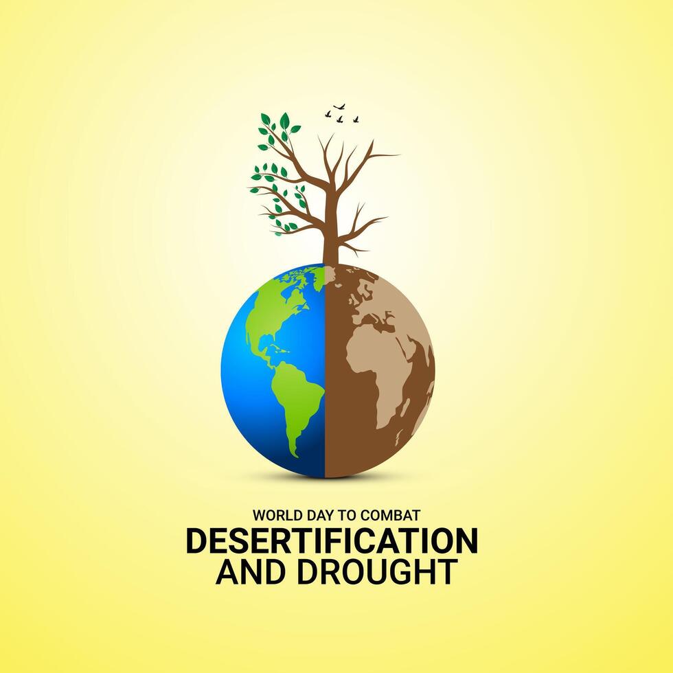 tierra día o mundo ambiente día, combate desertificación y sequía concepto. clima cambio y global calentamiento tema. salvar nuestra planeta, proteger verde naturaleza. En Vivo y seco árbol en globo en mano. vector