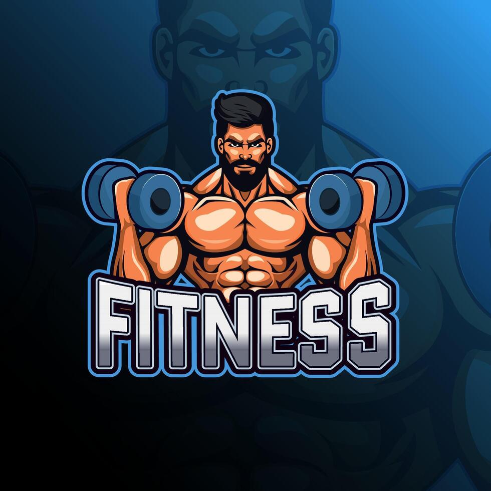Fitness man with dumbbells mascot logo design for badge, emblem, esport and t-shirt printing vector