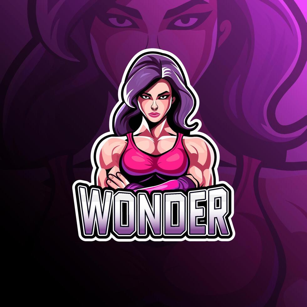 Wonder with muscular woman and crossed arms pose mascot logo design for badge, emblem, esport and t-shirt printing vector