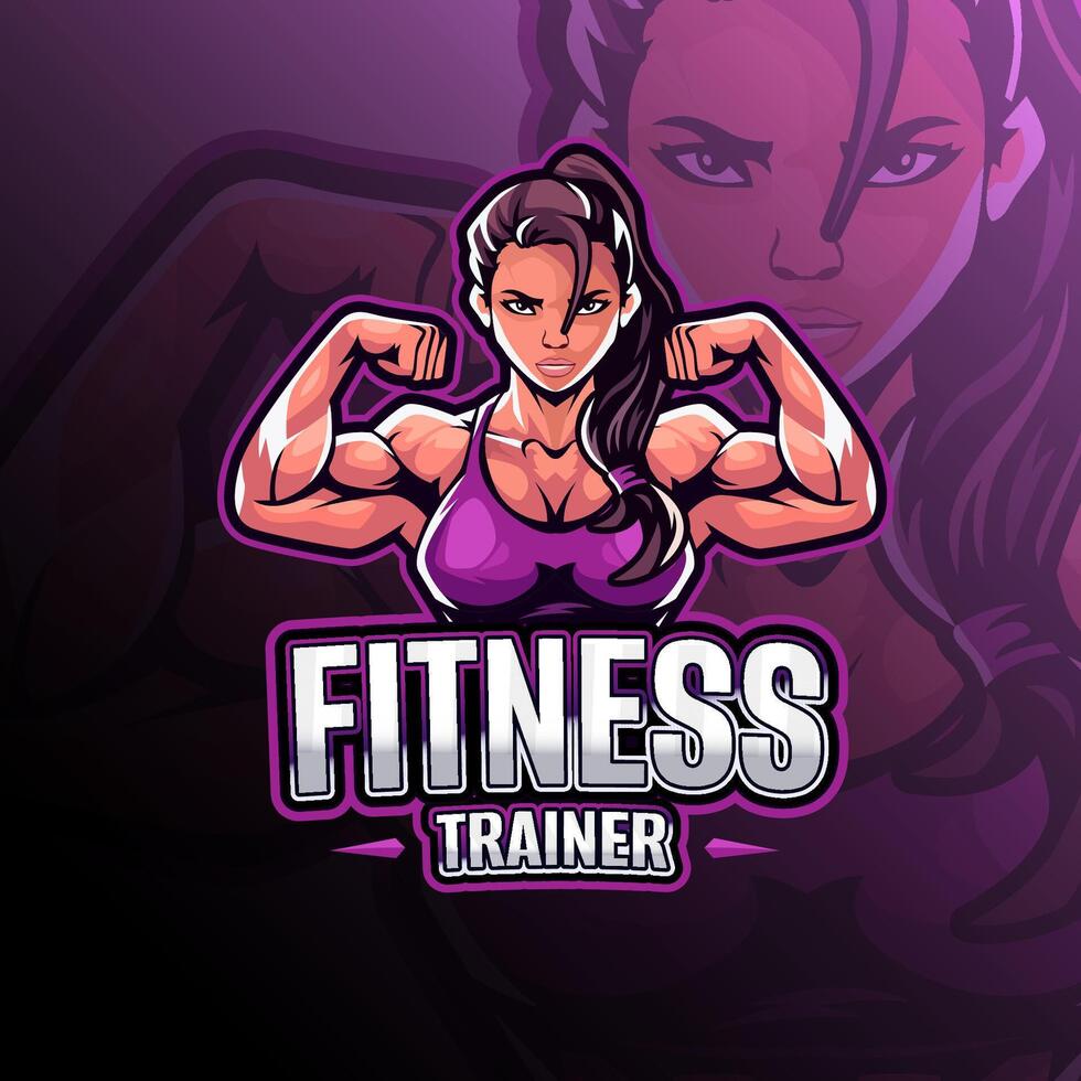 Fitness trainer with muscular woman and front double biceps pose mascot logo design for badge, emblem, esport and t-shirt printing vector