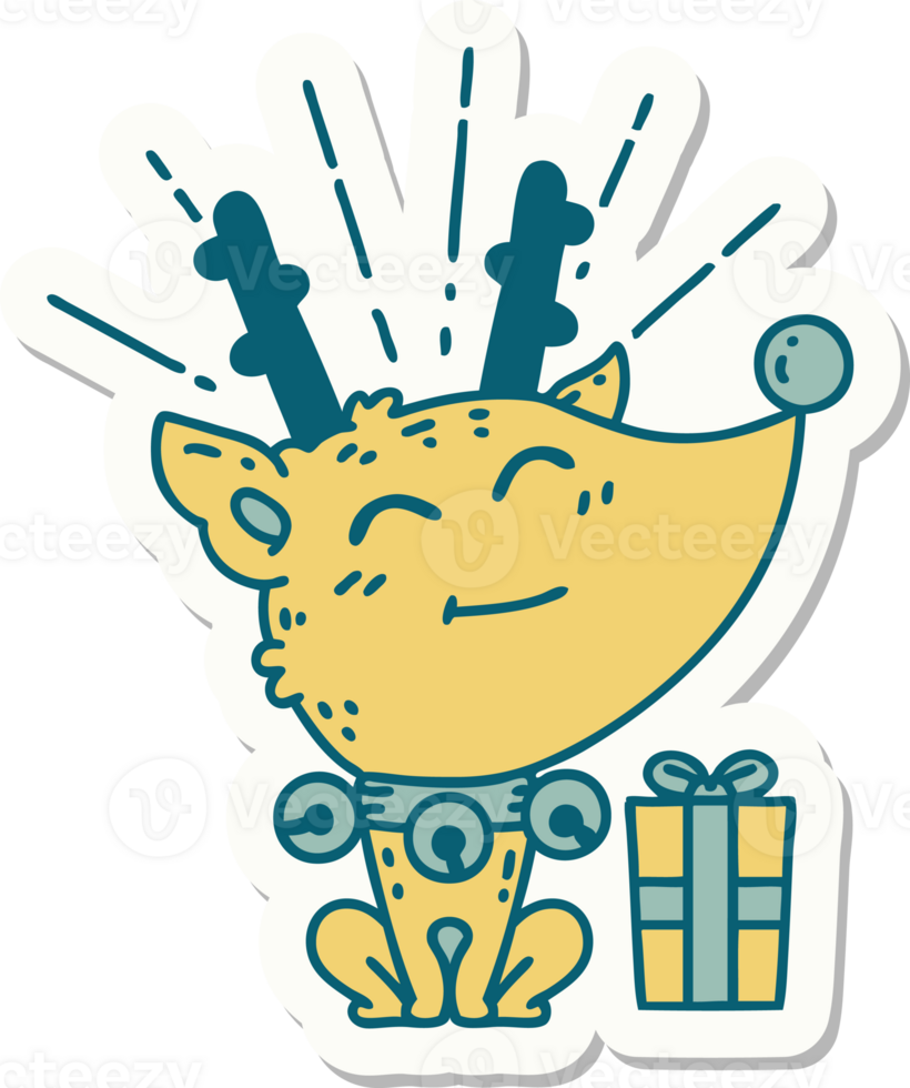 sticker of a tattoo style christmas reindeer with present png