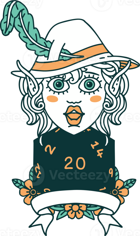 Retro Tattoo Style elf bard with natural twenty dice roll png