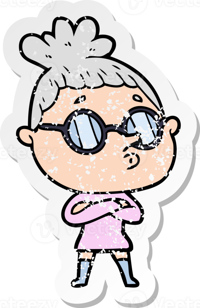 distressed sticker of a cartoon woman wearing glasses png