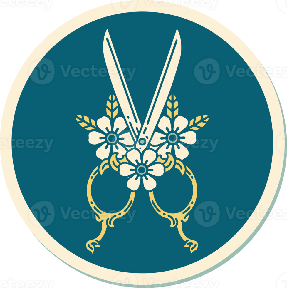 sticker of tattoo in traditional style of barber scissors and flowers png