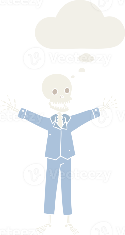 cartoon skeleton wearing pajamas with thought bubble in retro style png