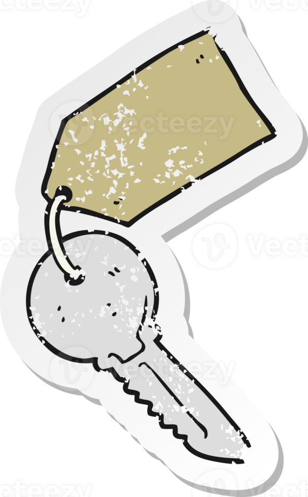 retro distressed sticker of a cartoon key with tag png