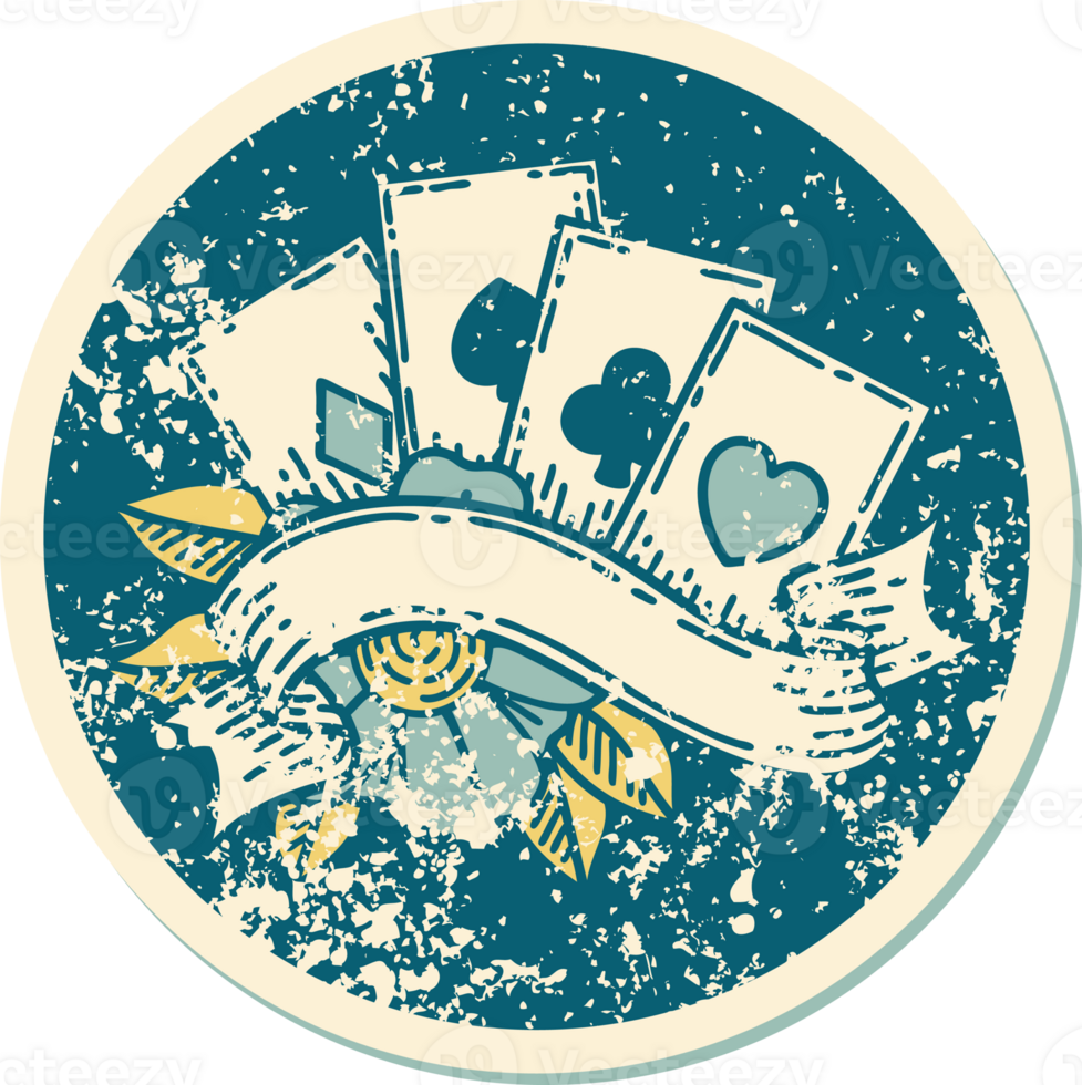 iconic distressed sticker tattoo style image of cards and banner png