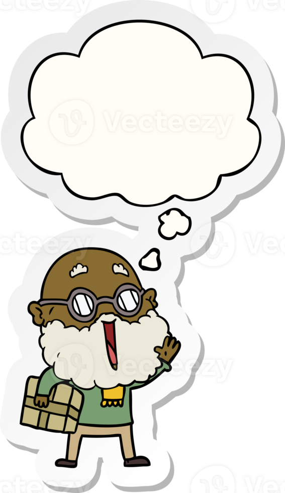 cartoon joyful man with beard and parcel under arm with thought bubble as a printed sticker png