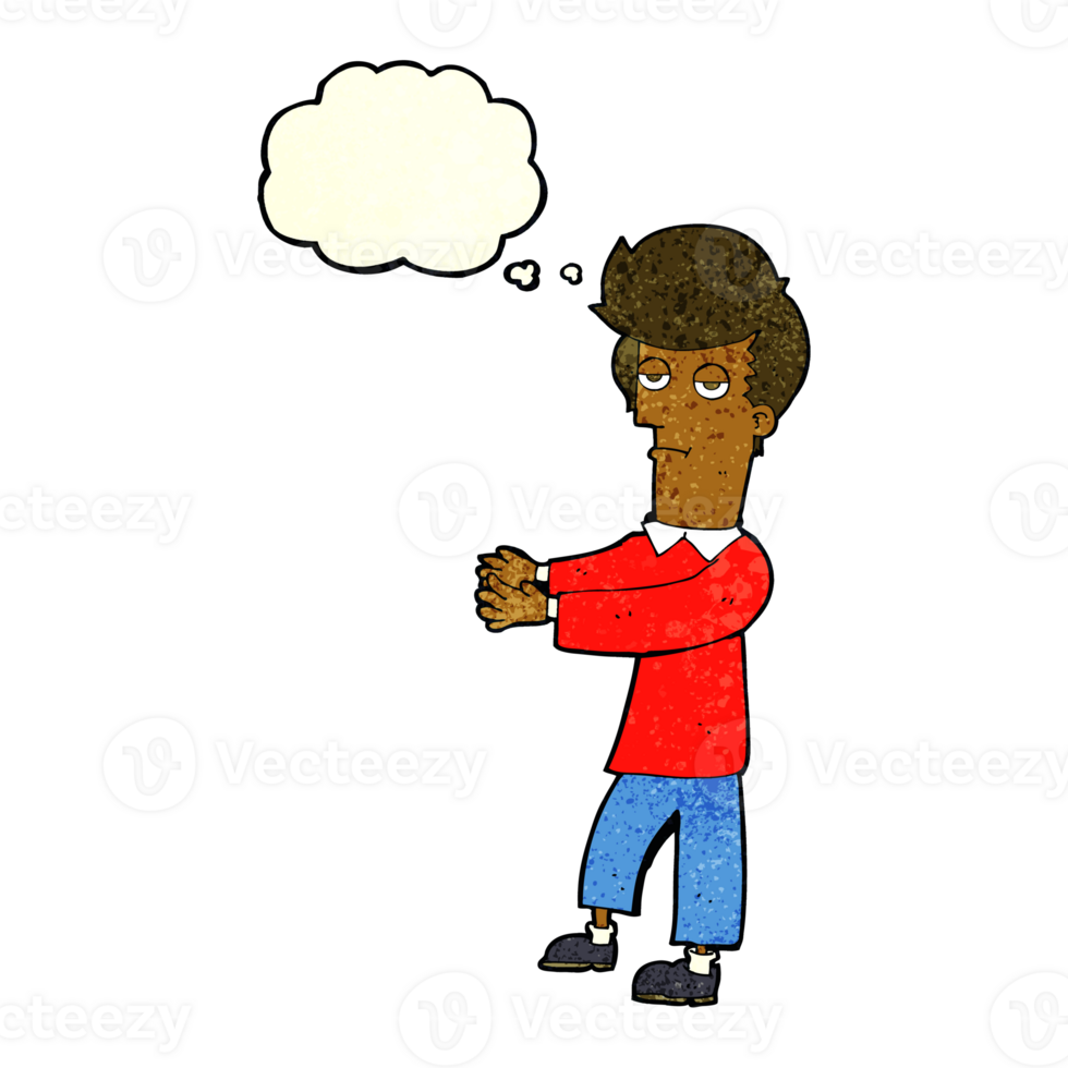 cartoon bored man showing the way with thought bubble png