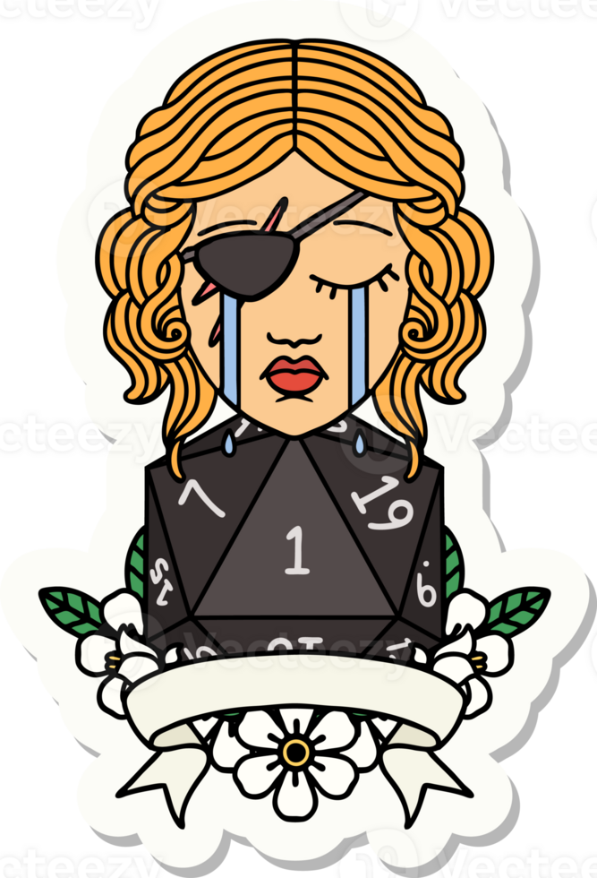 sticker of a crying human rogue with natural one roll png