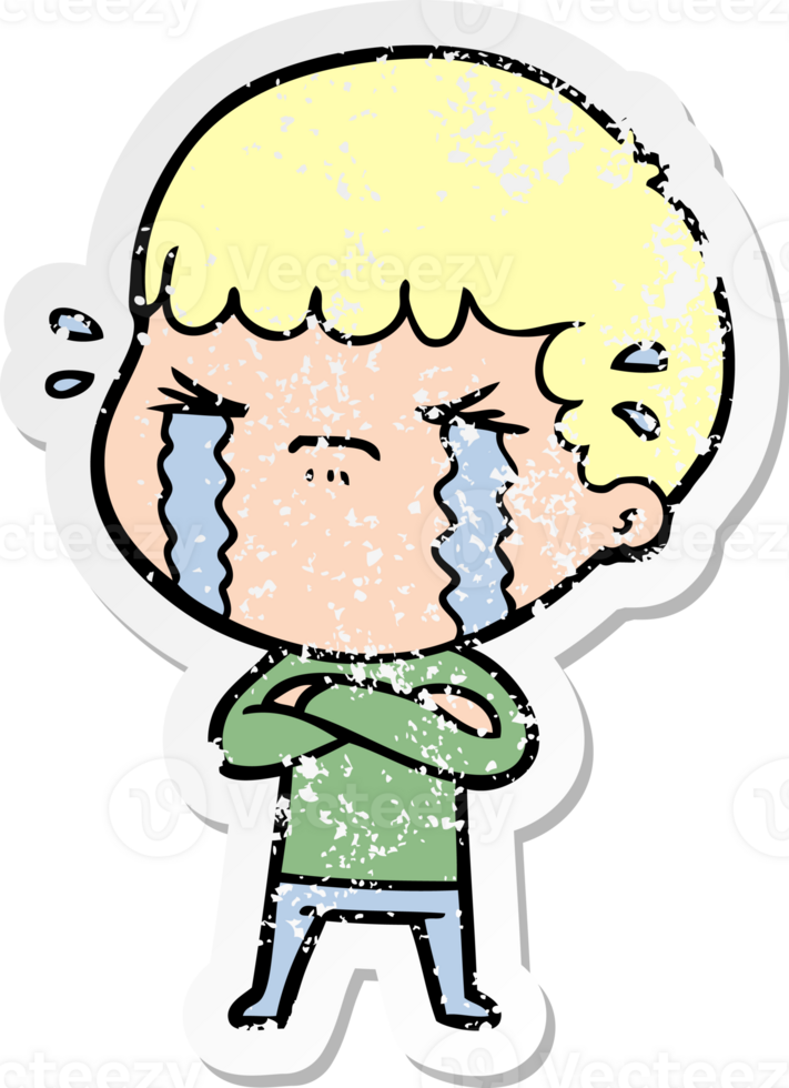 distressed sticker of a cartoon man crying png