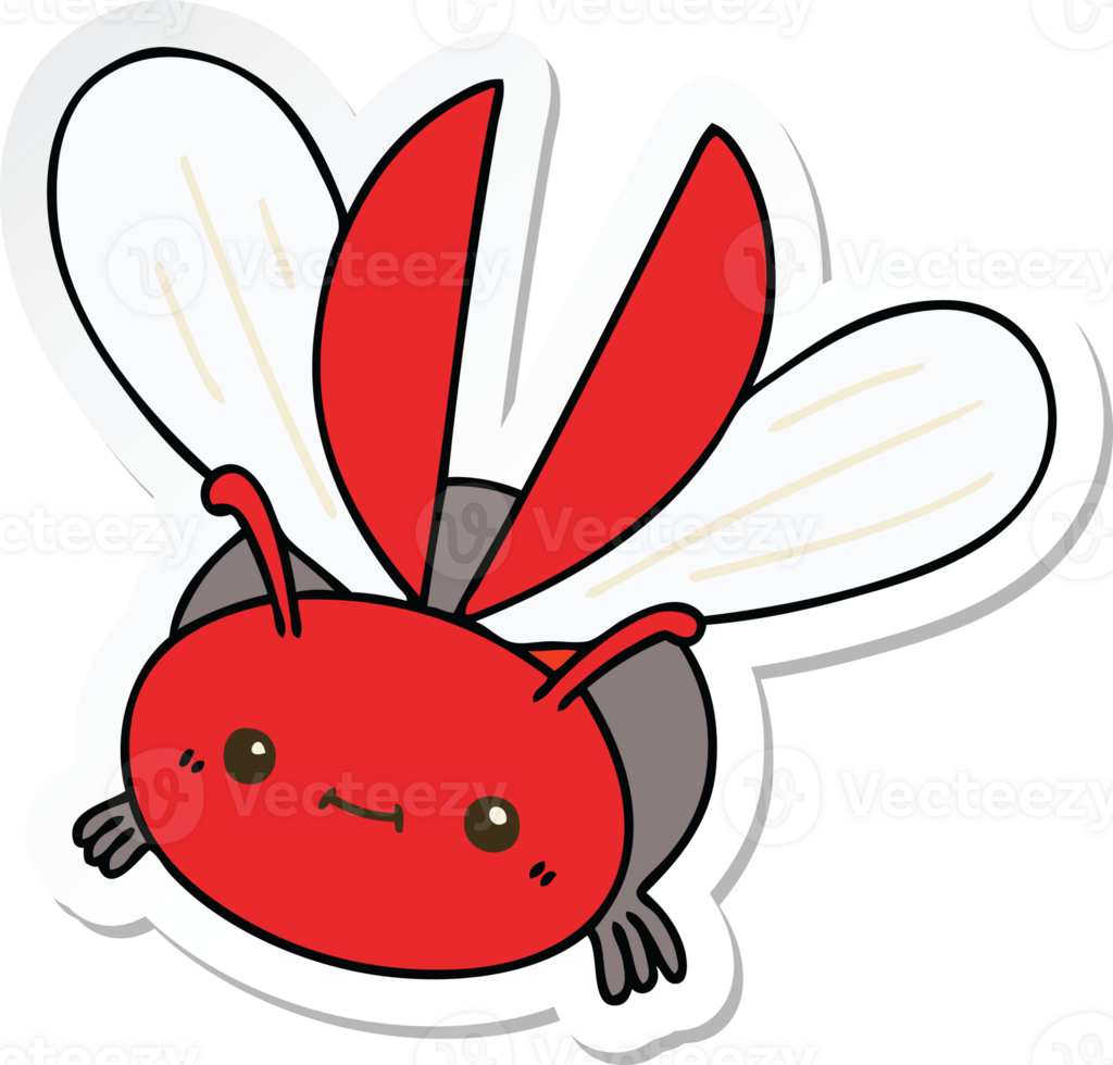 sticker of a quirky hand drawn cartoon flying beetle png