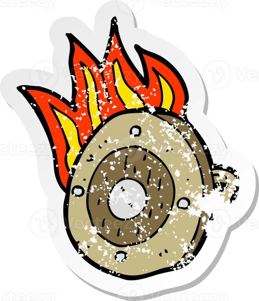 retro distressed sticker of a cartoon burning shield png
