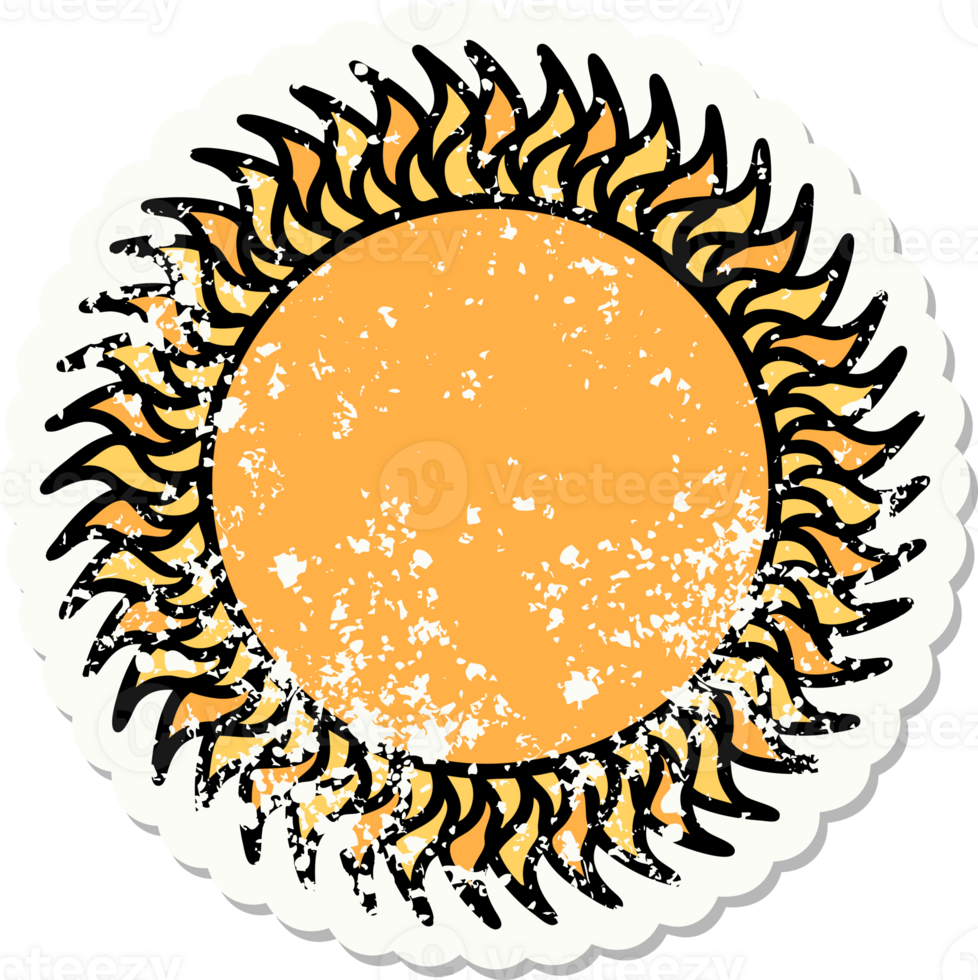 distressed sticker tattoo in traditional style of a sun png
