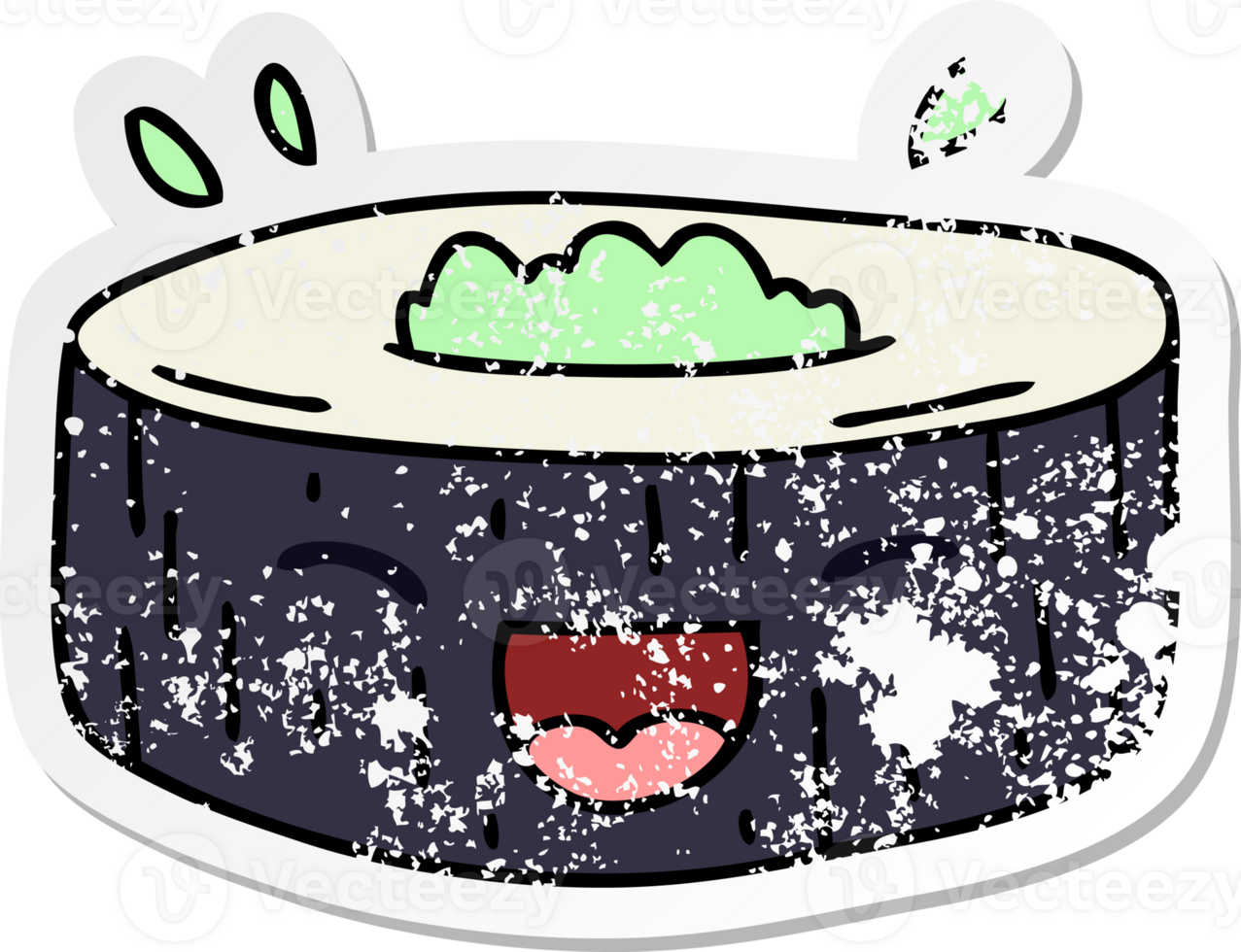 distressed sticker of a quirky hand drawn cartoon happy sushi png