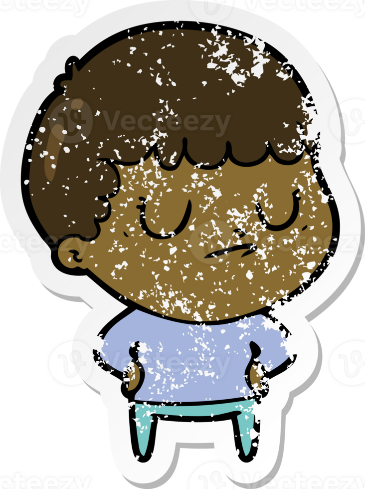 distressed sticker of a cartoon grumpy boy png