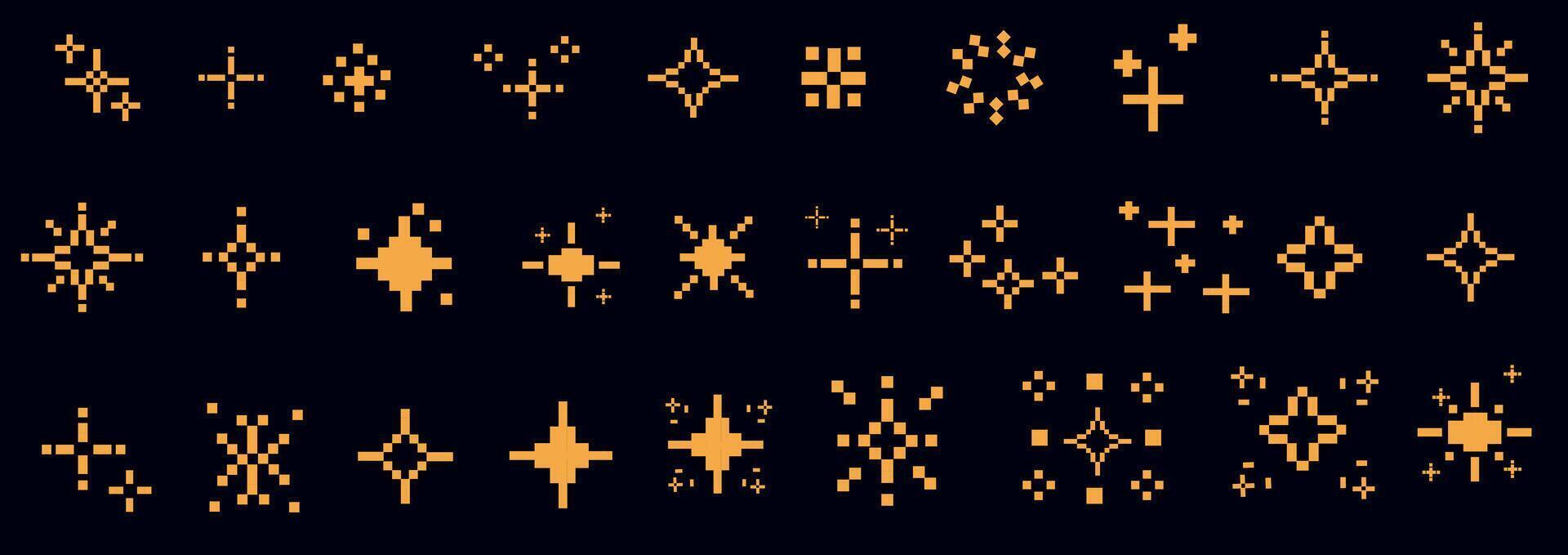Pixel art stars. Retro decorative night pixelated sparkling elements. Yellow and gold star and glitter for mobile games. 8-bit retro style illustration. vector