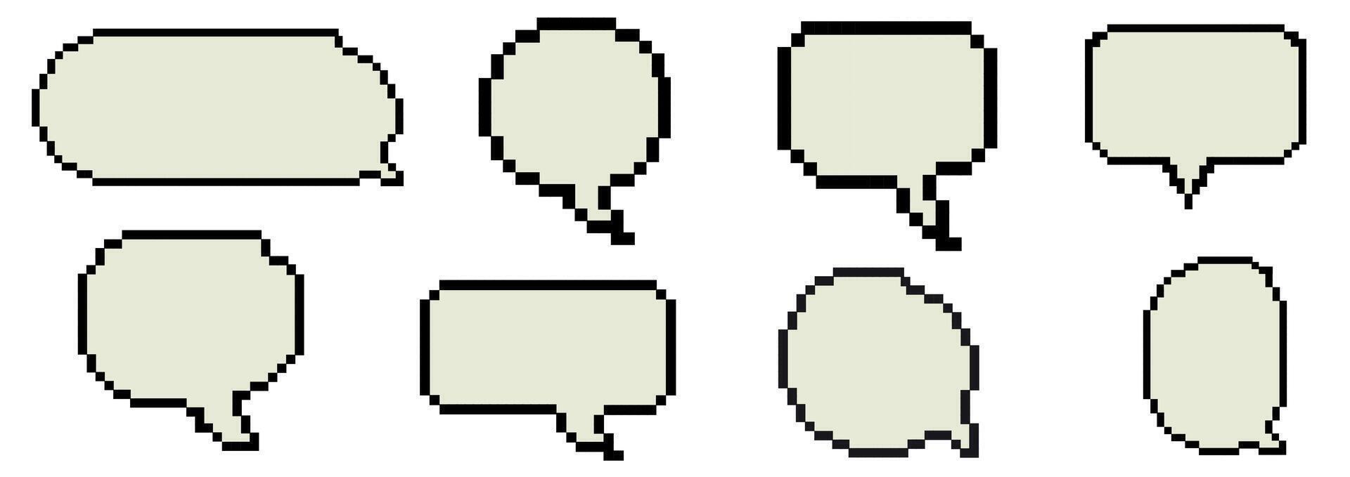 Pixel speech bubbles dialog box set in old computer style. Pixel-based 8-bit graphics of the 90s games. Template for social networks, banners, stickers, collages. vector