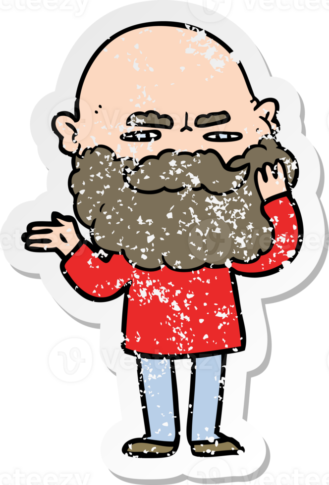 distressed sticker of a cartoon man with beard frowning png