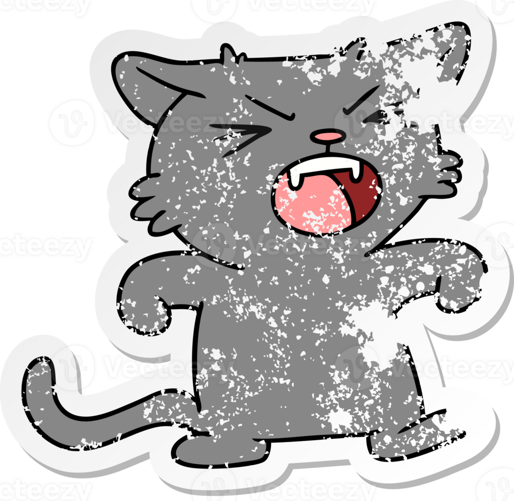 hand drawn distressed sticker cartoon doodle of a screeching cat png