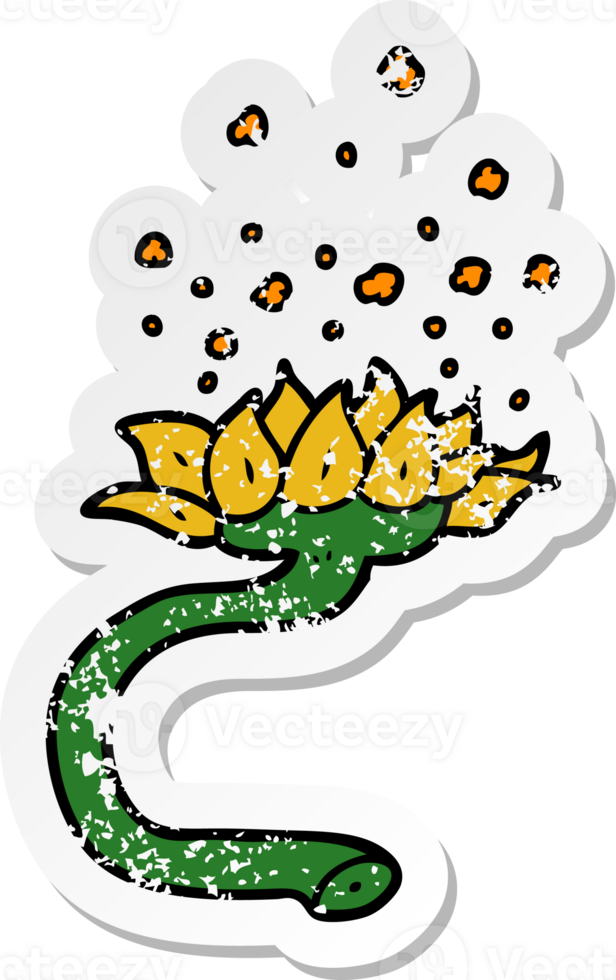 distressed sticker of a cartoon flower releasing pollen png