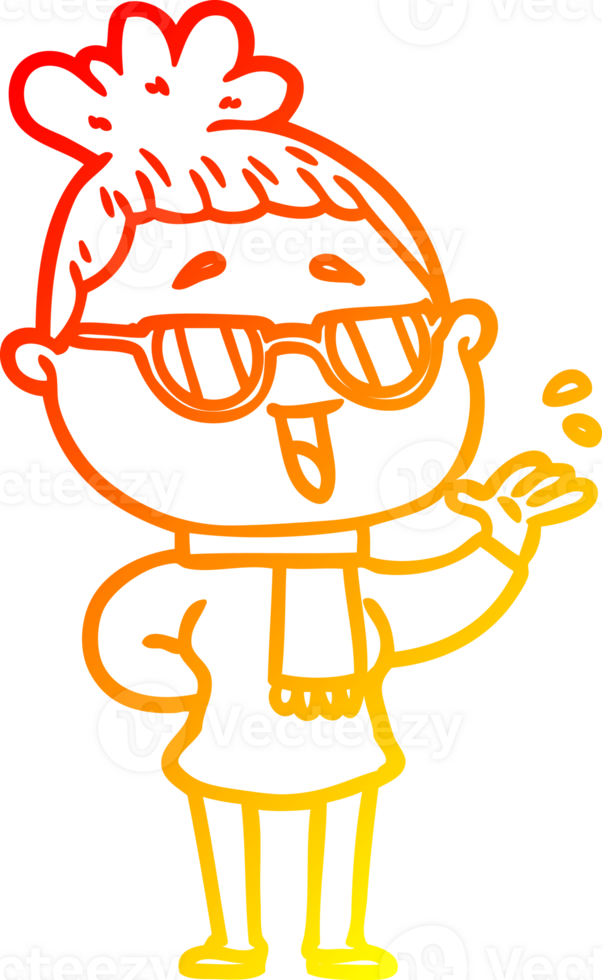 warm gradient line drawing of a cartoon happy woman wearing spectacles png