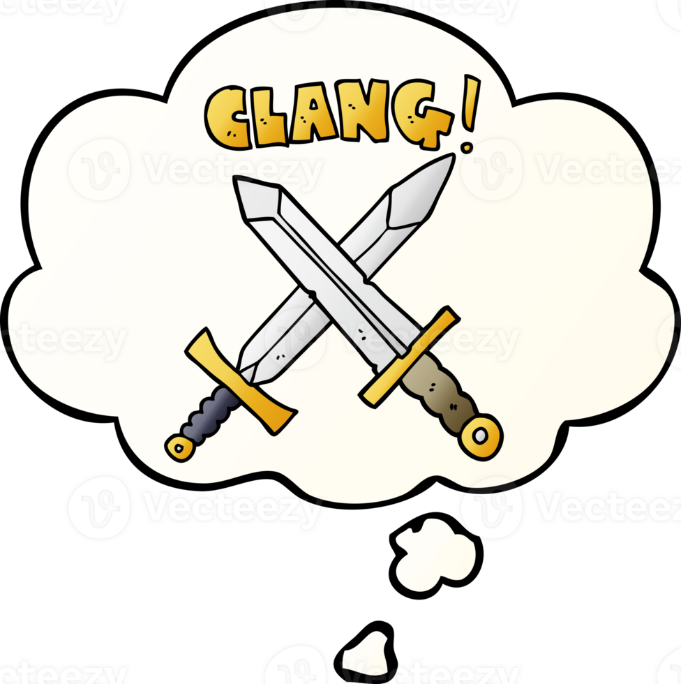 cartoon sword fight with thought bubble in smooth gradient style png