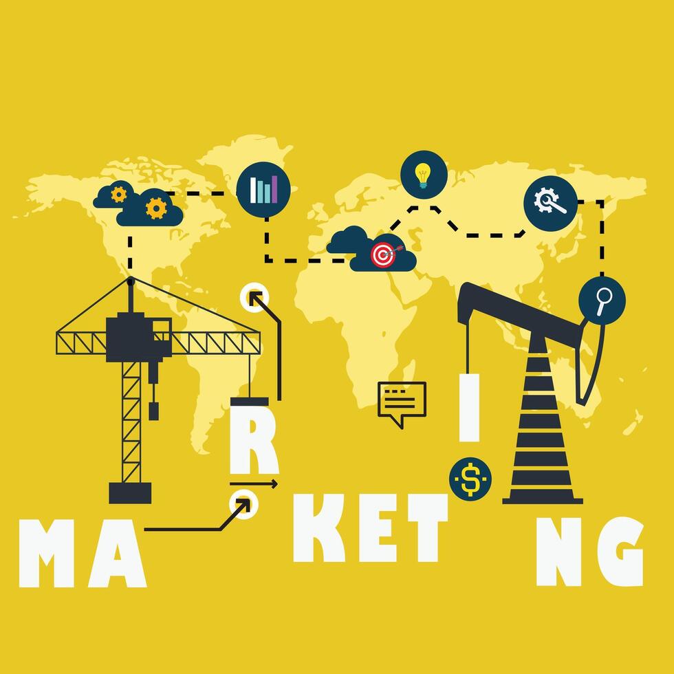 Marketing. heavy equipment and mining background. Digital online for business and social media marketing, content marketing, websites, viral, seo, keywords, advertising and internet vector
