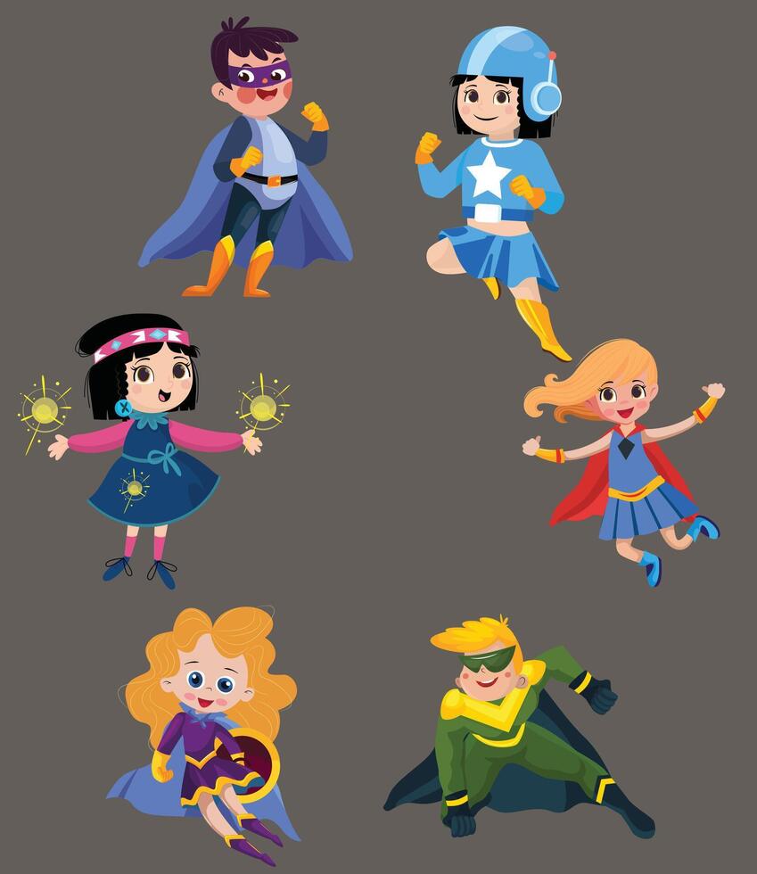 Boy and Girl wearing colorful costumes of various superheroes, isolated on brown color background. Cartoon character of Kid Superheroes. vector