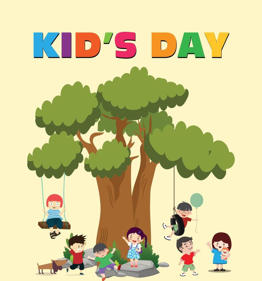 World Children's Day with children playing under the tree. Swings, balloons, dolls. vector