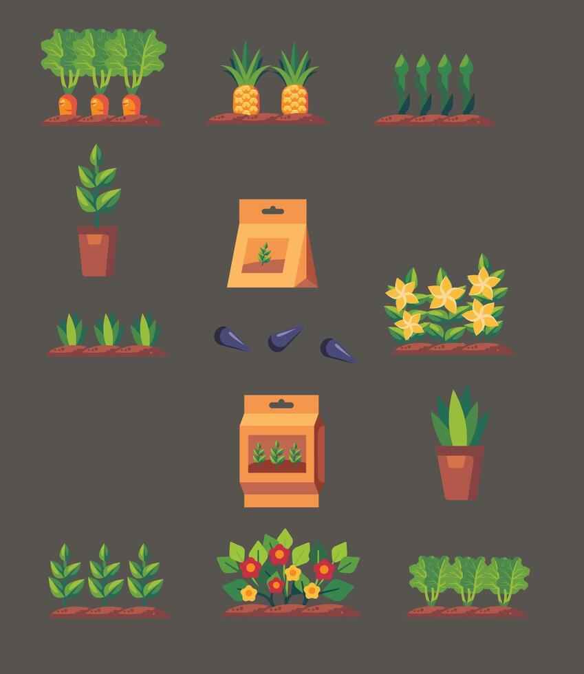 Spring garden, plant collection, flower pots, bushes, fertilizer. Backyard botanical summer gardening objects. Spring garden icon vector