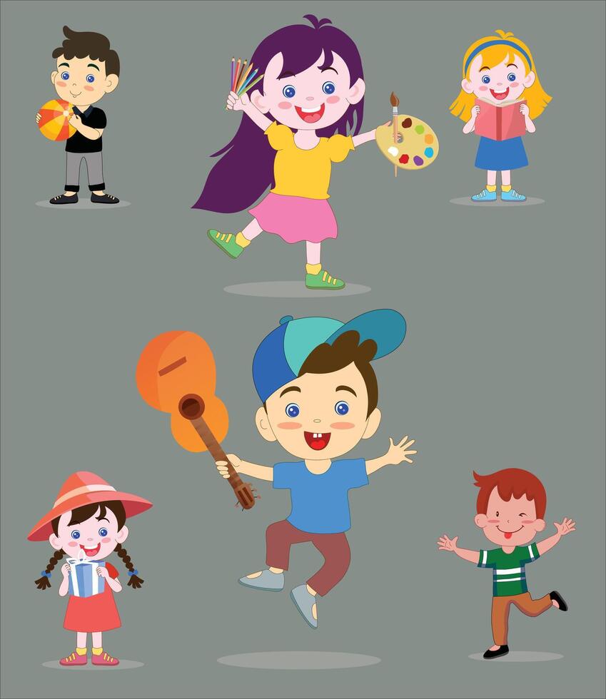 para niños aficiones. jugando música, guitarra, pelota, dibujo, lectura, baile. niños con objetos. creativo y activo Niños de escuela. vector